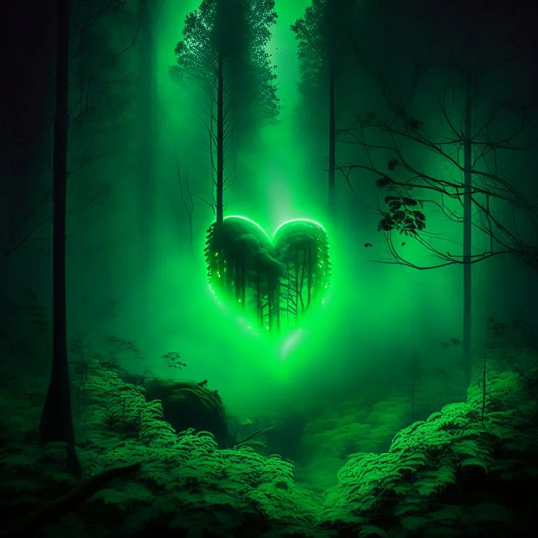 green fog in the forest at night with an electric heart