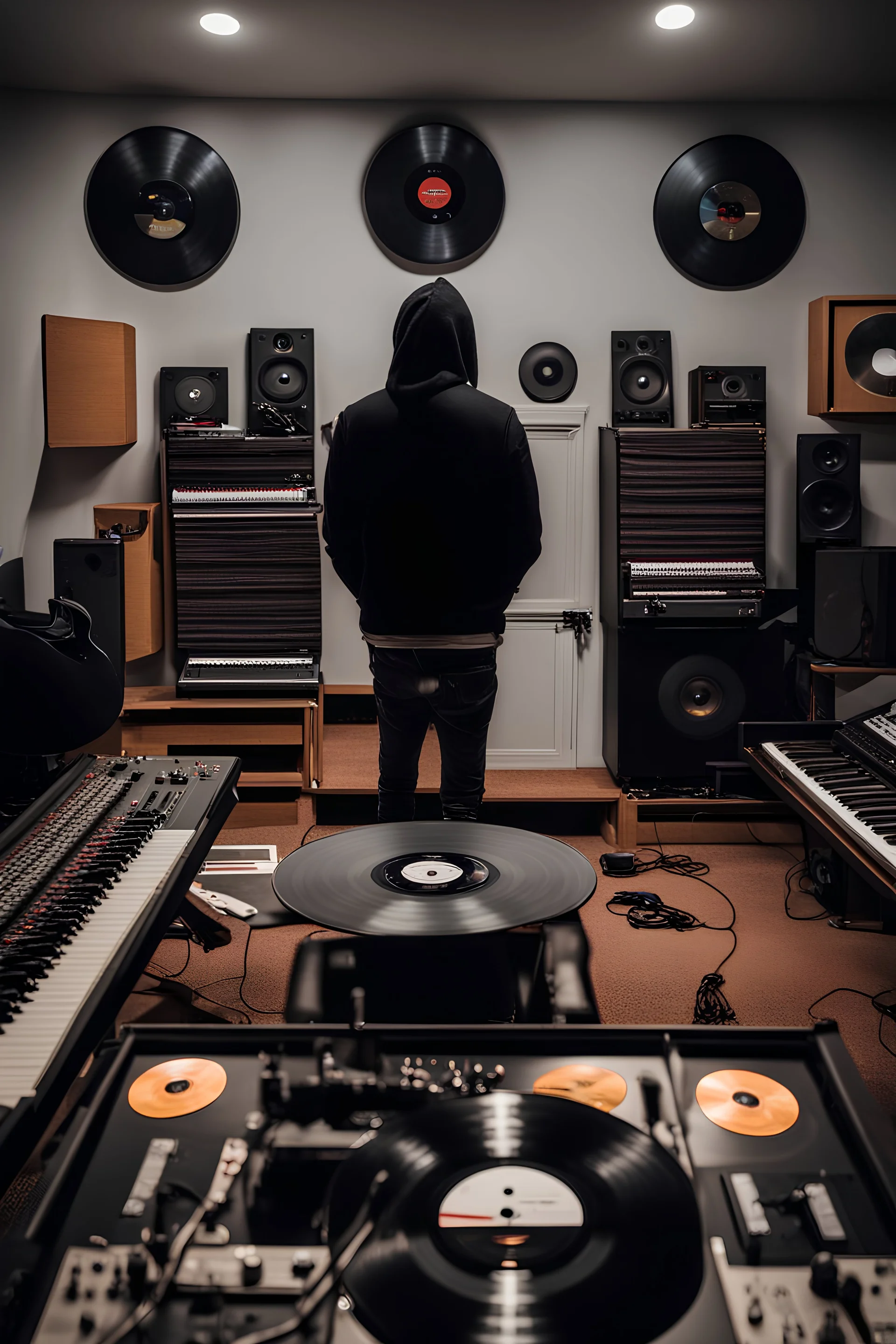 music producer wearing a hood looking at 3 vinyl records in the background of his modern studio. the picture is taken from above and behind. you can only see the back of the guy. you can see more of the modern room and the electric guitar there. you cant see the face of the person. make the guitar more present