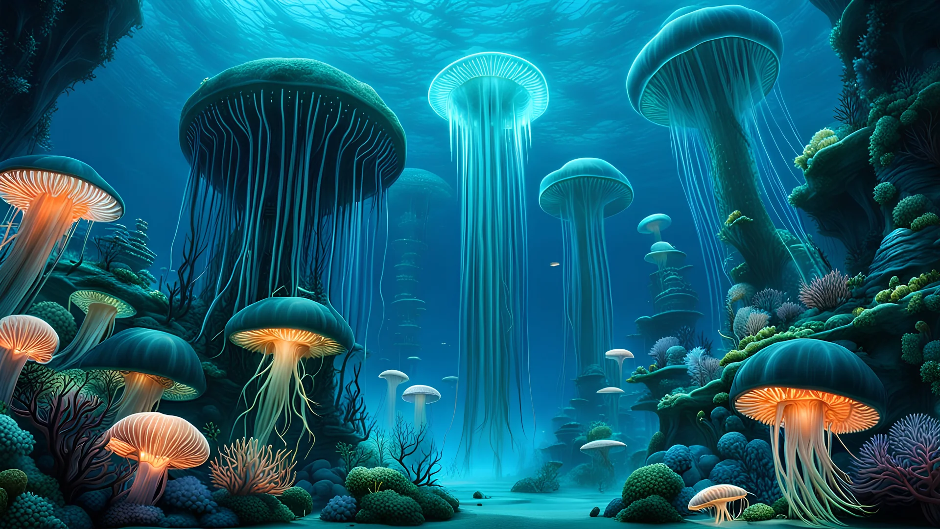 A colossal underwater city, illuminated by bioluminescent jellyfish, sprawls across the ocean floor, its towering structures adorned with coral and seaweed. Render it in a hyperrealistic style, capturing the intricate details and the otherworldly silence of this aquatic metropolis.” (Mysterious, science fiction)