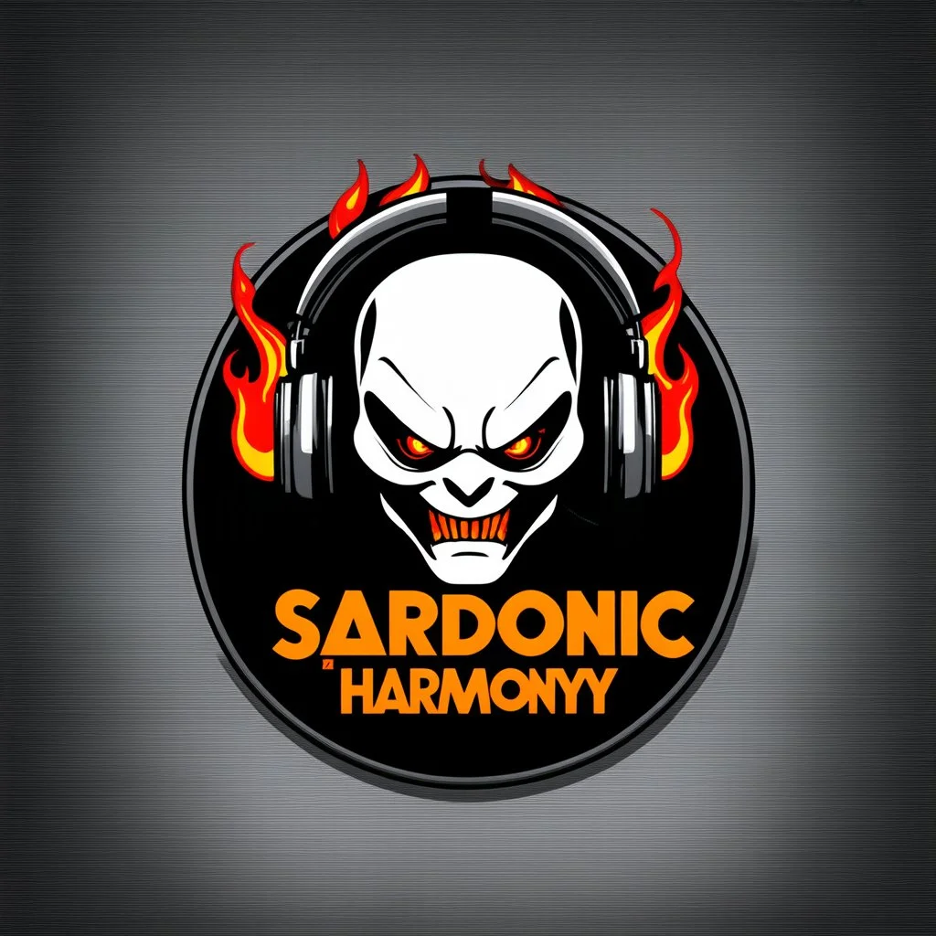 minimalist logo for rock band orange text "SARDONIC HARMONY" in a futuristic robotic font, sinister evil marshmallow head with headphones and red flames, dark negative space, by Salvador Dali and H.R. Giger