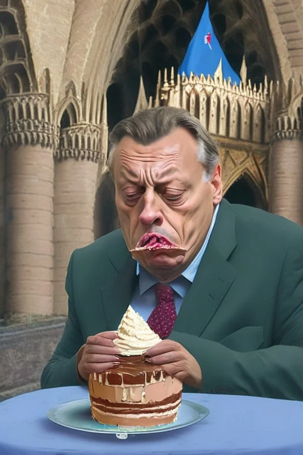 sad viktor orban eating cake in a castle