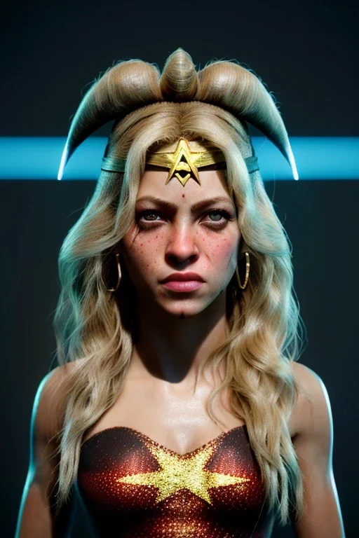 portrait, Shakira, make-up, angry, Realistic image, superhero, retro, watchmen style, gold make-up, blood, sweat, fog, goddess. Black background, photo studio, concept art, smooth, unreal engine 5, god lights, ray tracing, RTX, lumen lighting, ultra detail, volumetric lighting, 3d, finely drawn, high definition, 4k.