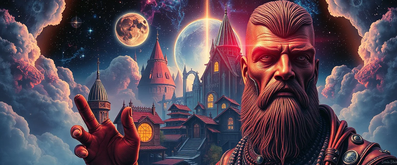 portrait of inter-galatic handsome power broker , the first nation, witchcraft, cyberpunk village, sci-fi, strange chrome vessels, volume light from stars through clouds, goa trance poster