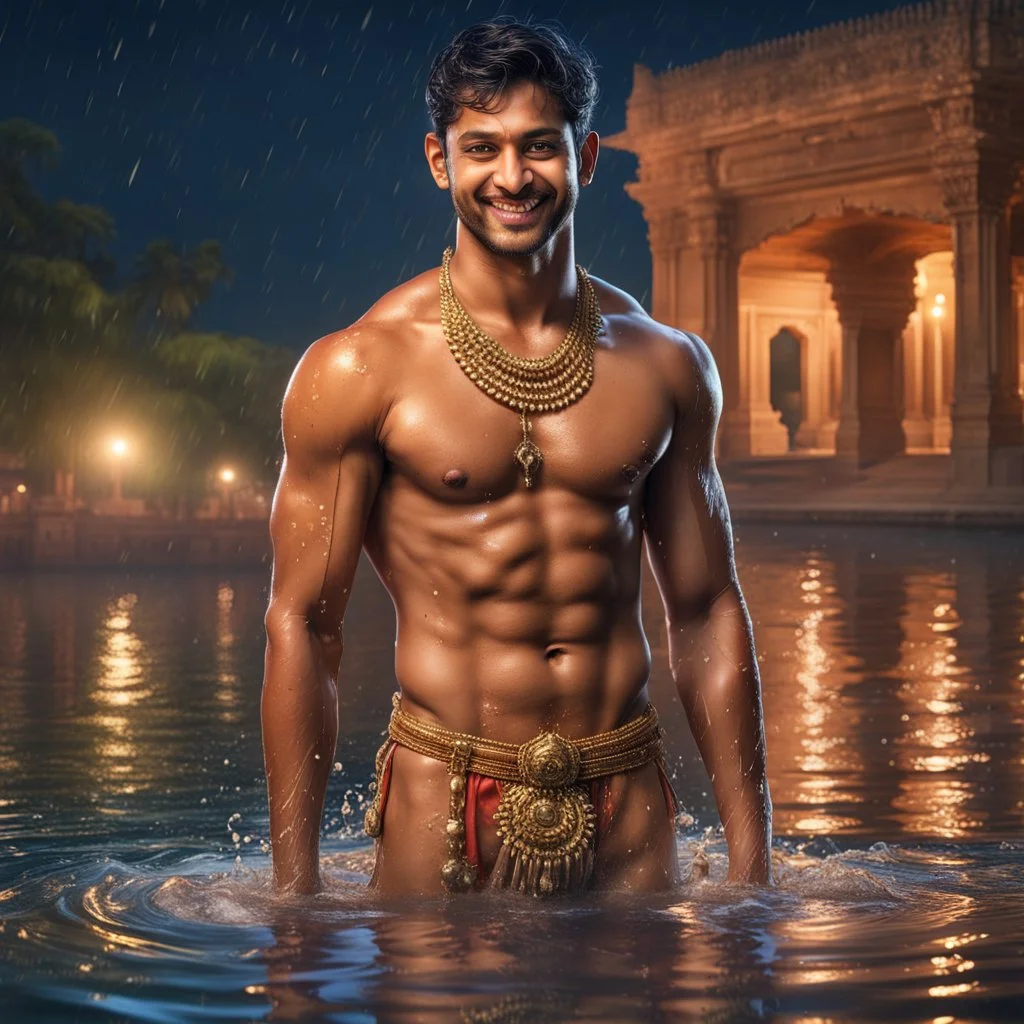 Hyper Realistic handsome Young shirtless muscular short hair Indian king with wet chest smiling & bathing in a lake outside traditionally beautiful Indian palace at night