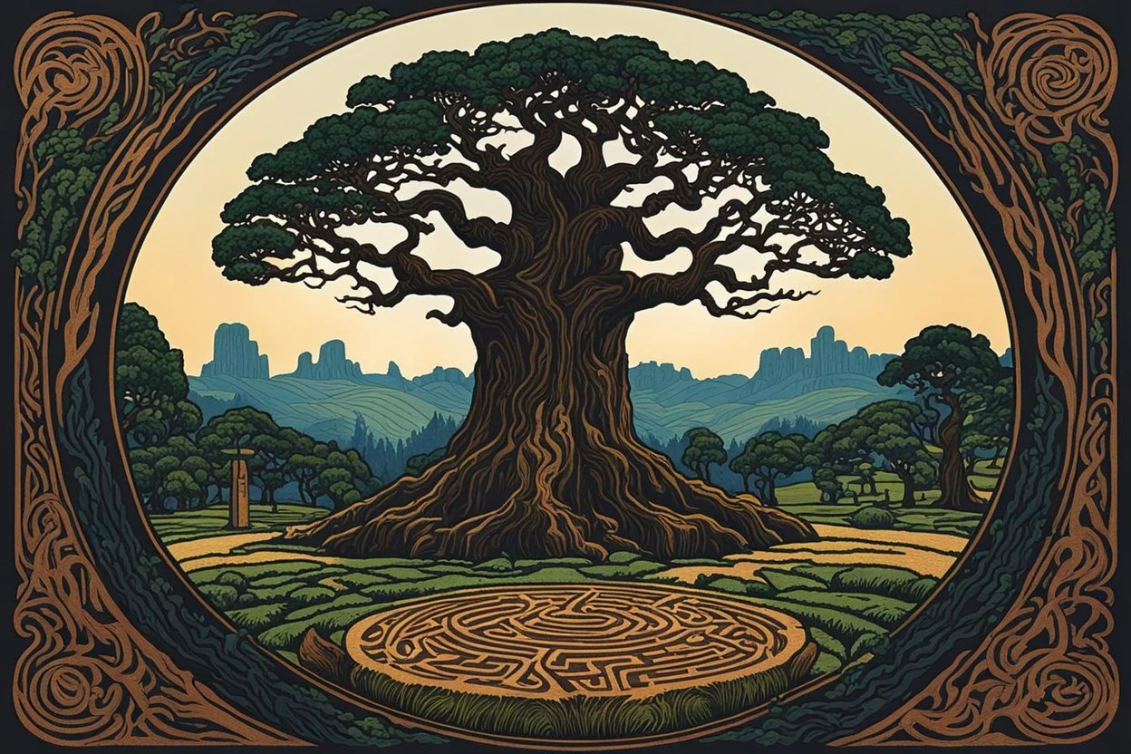 museum quality color woodcut of Yggdrasil, towering over a circle of ancient Druidic standing stones, in the style of Gustave Baumann, with a fine art aesthetic, highly detailed, finely cut ,8k render