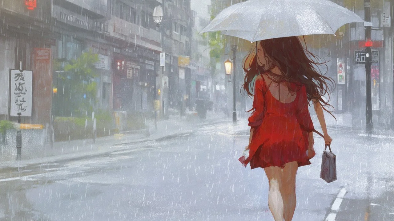 colorful flat illustration , A young Caucasian woman with long brown hair wearing a red dress and holding a white umbrella, walking alone on a rainy city street with blurred buildings and lampposts in the background, draw art style influenced by japanese artists, niji, black outlines