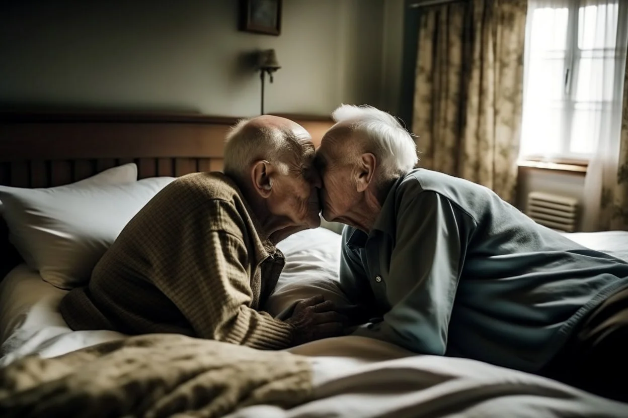 Dos hombre mayores en una cama de una residencia de ancianos, un tanto abandonada, se besan. Fotografía en blanco y negro. Realizada con una cámara Leica. Objetivo 35mm.