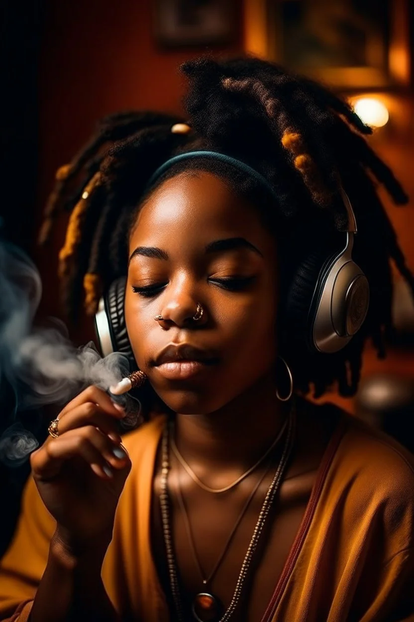 earthy black young woman listening to music with small headphones, soul, peace, majestic, earthy colours, at peace, happy, incense, jewels, bands, natural, old school headphones, blasian, incense, no epicanthal folds, darker skin tone