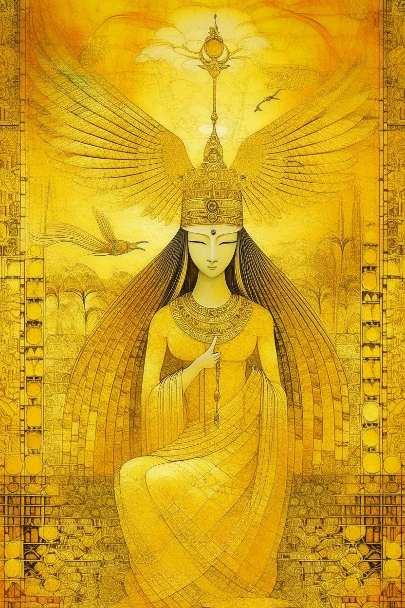 A golden yellow angelic heaven designed in ancient Egyptian hieroglyphics painted by Qiu Ying