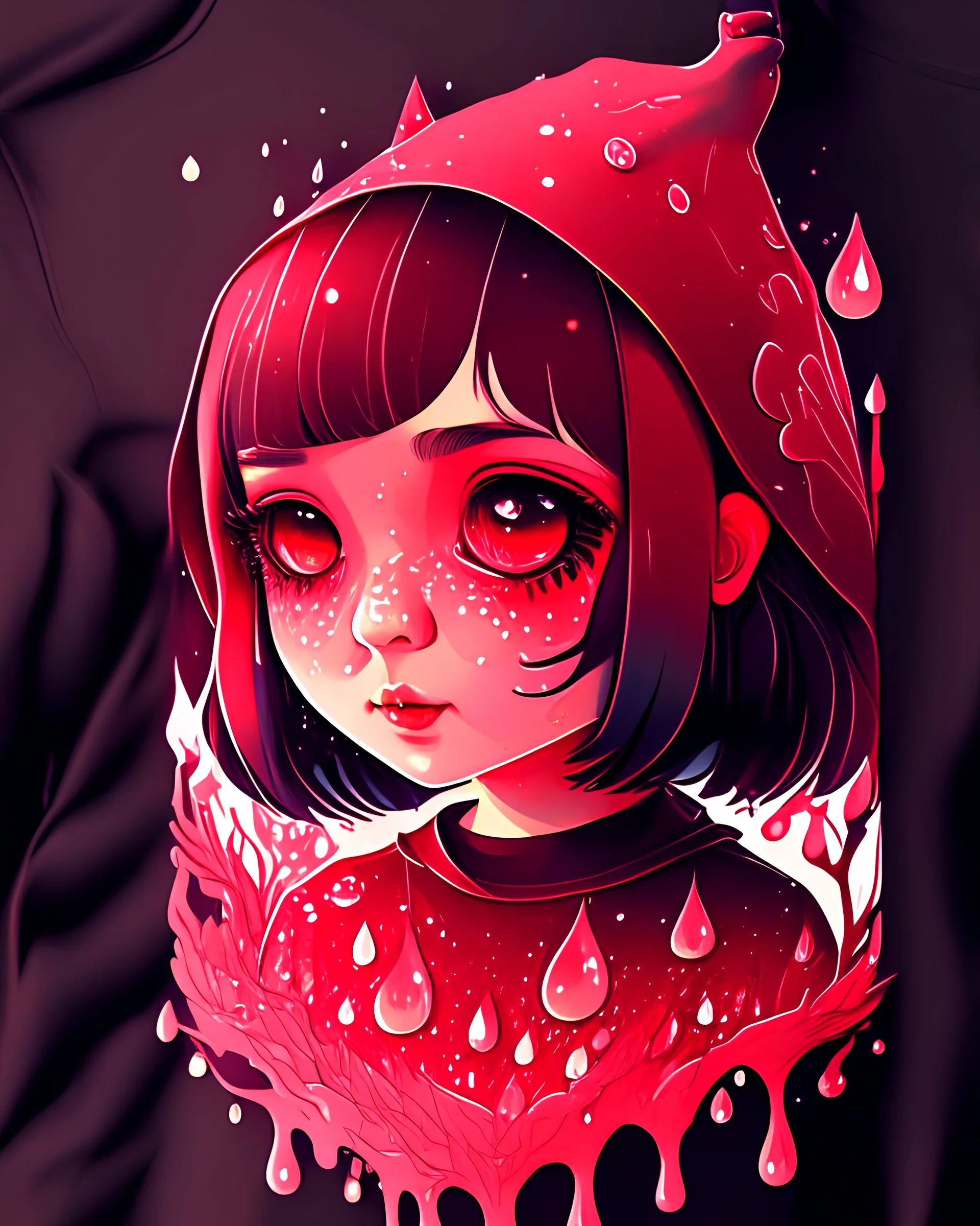 A detailed illustration darkred slime Goth girl, fire, t-shirt design, in the style of Studio Ghibli, pastel tetradic colors, 3D vector art, cute and quirky, fantasy art, watercolor effect, bokeh, Adobe Illustrator, hand-drawn, digital painting, low-poly, soft lighting, bird's-eye view, isometric style, retro aesthetic, focused on the character, 4K resolution, photorealistic rendering, using Cinema 4D, vector logo, vector art, put word "FuriuS", 2d, emblem, 2d, use pasten colors