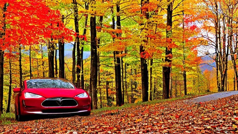 A Tesla's 'Model S Plaid' is racing at top speed, across the 'Great Smoky Mountains' National Park, in Tennessee. CINEMATIC. WIDE ANGLE LENS. PHOTO REAL.