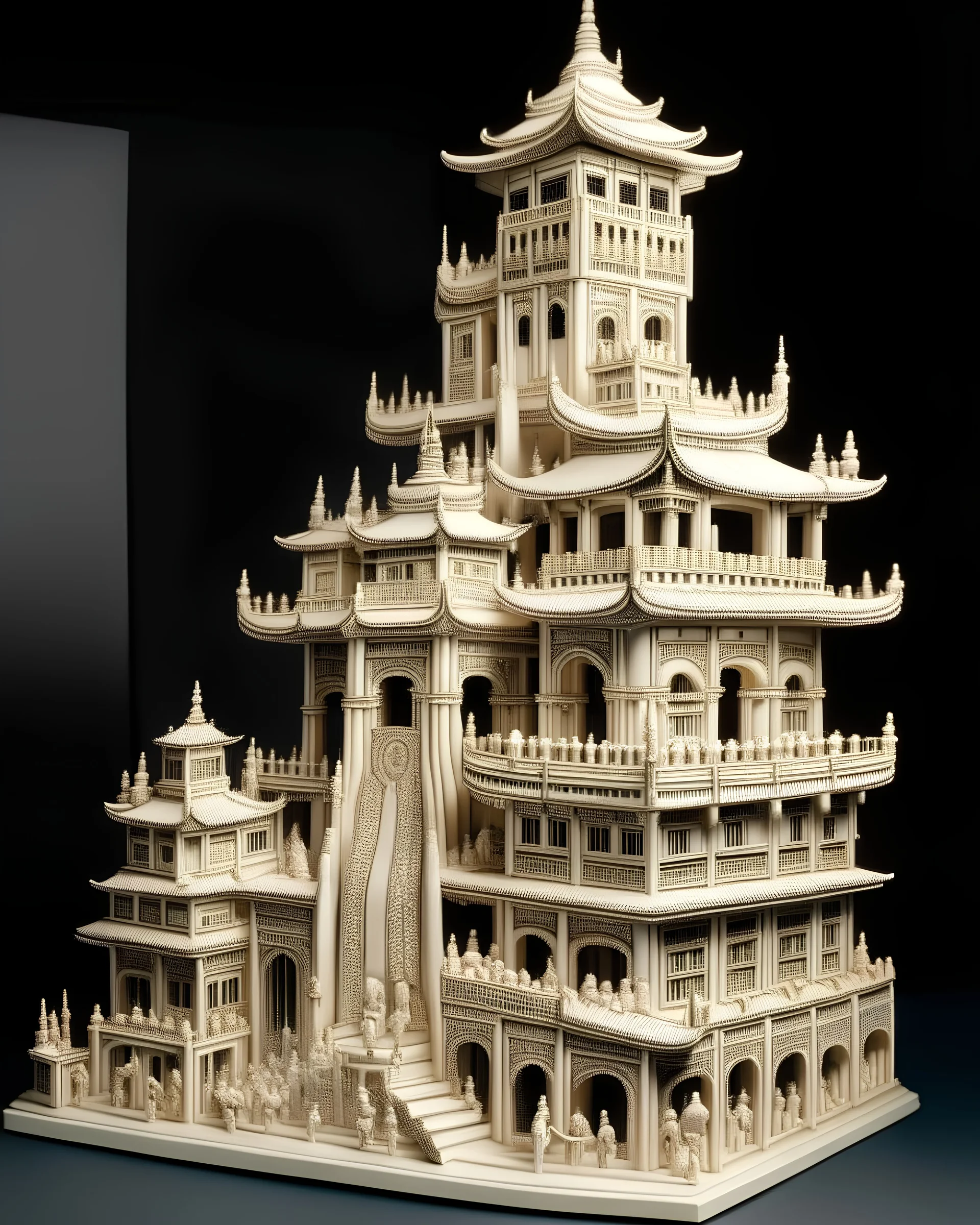 An ivory colored lightning fortress painted by Qiu Ying