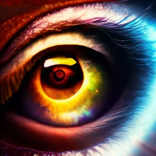 close macro photo shot of an eye of an elf girl, magic is seen deep inside, mirroring, hyperrealistic, colorful, cinematic lighting