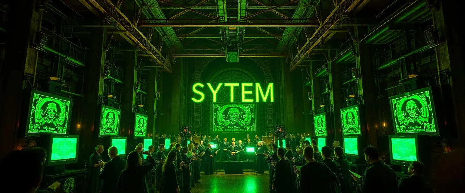 master oil painting by Rembrandt, giant industrial halls green tube lighting choir vocals ancient-celtic-meets-cyberpunk imagery synchronized mechanical drumming flickering CRT screens saying SYSTEM STABLE