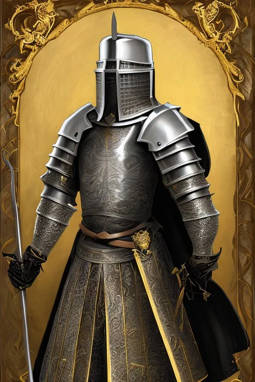 A handsome 30 year old knight, black hair, male bob haircut, in black-and-gold plate armor, golden katana in both hands, no beard, european