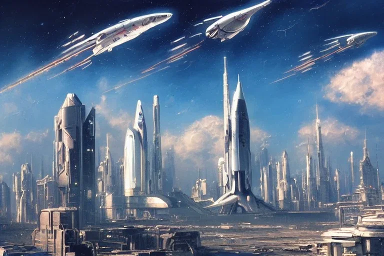 A Spaceship is taking off,Space Center on a heavy industrialized planet with a futuristic city in the background, retrofuturistic, art by John Berkey, buildings with glass facades, brutalist architecture, insanely detailed, vibrant, 8k uhd, cinematic atmosphere, ultra-wide angle, street level view, brush strokes, blue sky with clouds, sharp focus