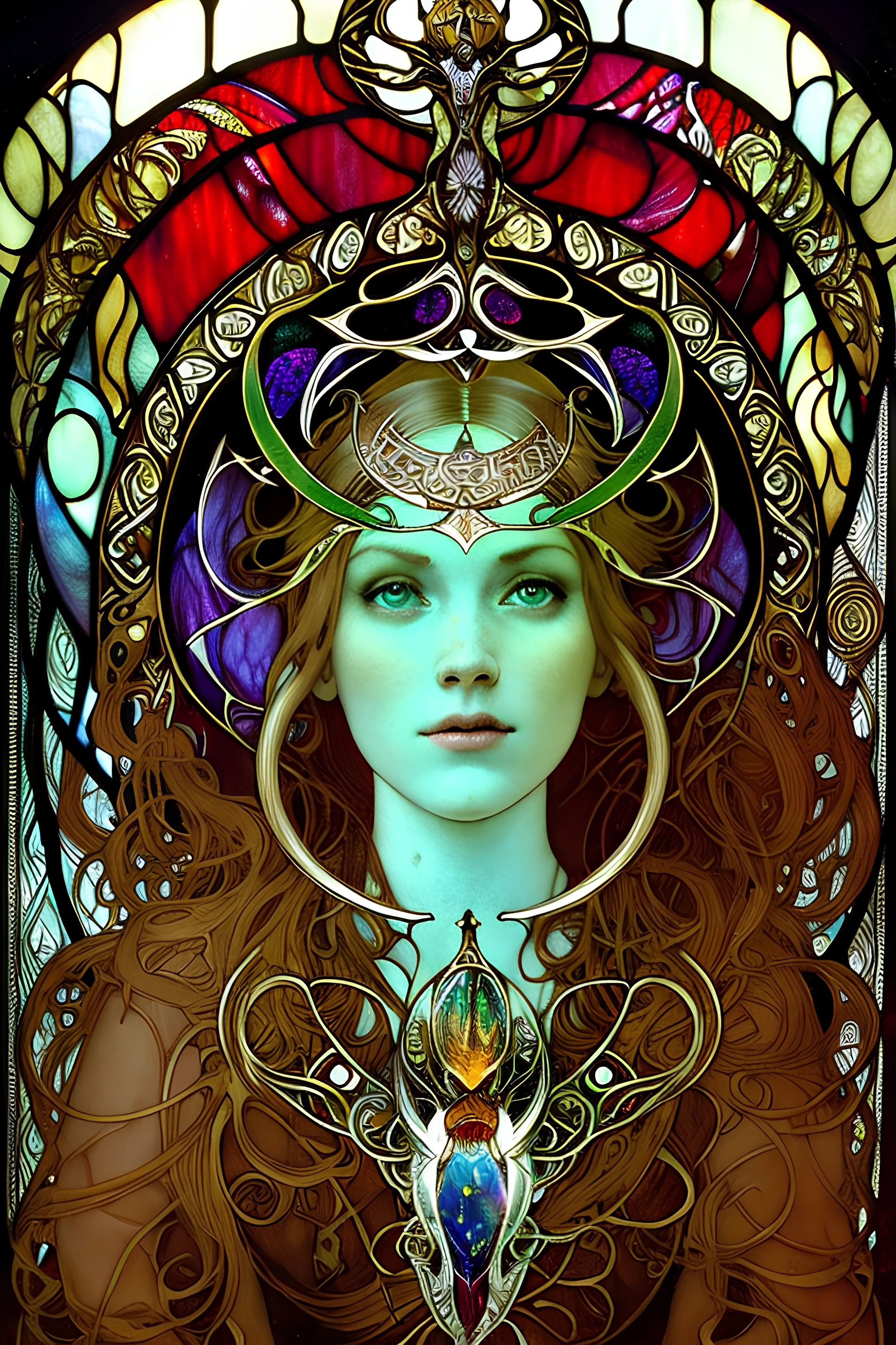 art by Alfons Mucha and Patrick Woodroffe, stained glass motif, bilateral symmetry, Ouroboros, infinity symbol, mystical, mechanistic, metaphysical, serpentine, cosmic, nebula, HD 4K, sharp detail, photo-realistic, octane rendering, award winning photography, cinematic lighting