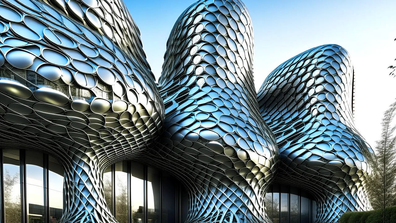 An otherworldly landscape filled with biomechanic organic composition buildings that have a striking resemblance to living organisms. The buildings are adorned with titanium scale skin that glimmers in the sunlight, giving them an ethereal quality. Windows that mimic gills line the structures, creating a mesmerizing visual effect. As walkers traverse the landscape, they can't help but stop and admire the intricate design of the buildings, marveling at the seamless fusion of nature and machinery.