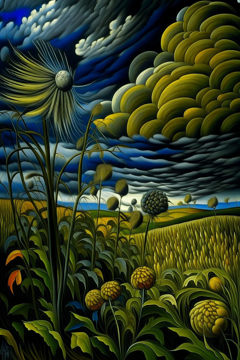 Leonardo, Durer, Derain, Signac, Cezanne, Mondrian, Okeeffe: Seedheads Against A Threatening Sky dark moody colors and sky storm wind