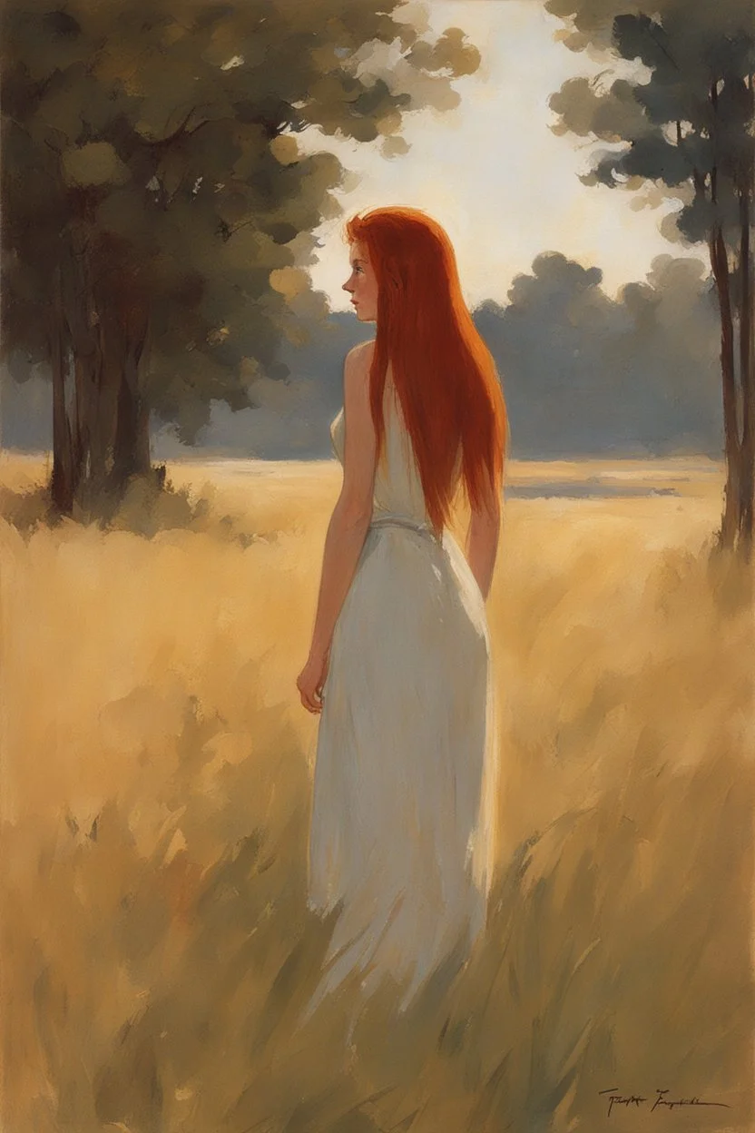 full body and headshot of a skinny young woman, with long straight red hair, standing in an open field, surrounded by trees, Frank Franzetta