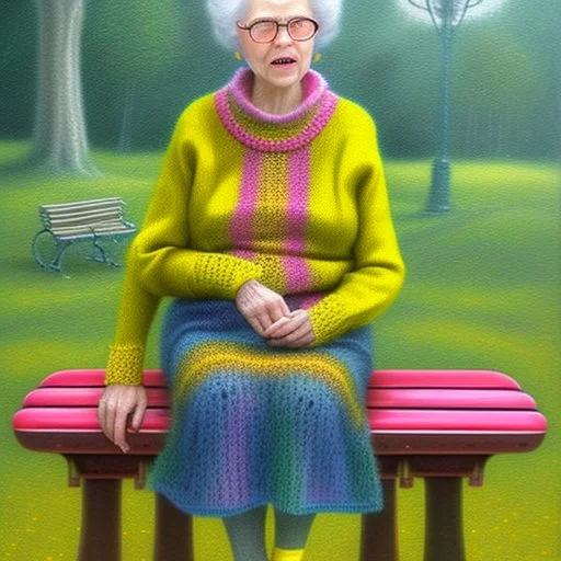 A whimsical painting of an 80-year-old grandmother knitting a yellow sweater on a bench in the boulevard, while next to her on the bench is a 5-year-old little girl knitting a small pink sweater, the grandmother with wild ginger hair and large green glasses, wearing a cozy mustard sweater and striped yellow tights. She sits on a bright yellow green bench, intently focused on her knitting needles and yarn. From around on the bench and on the floor, balls of yarn, a knitting basket and needles sur