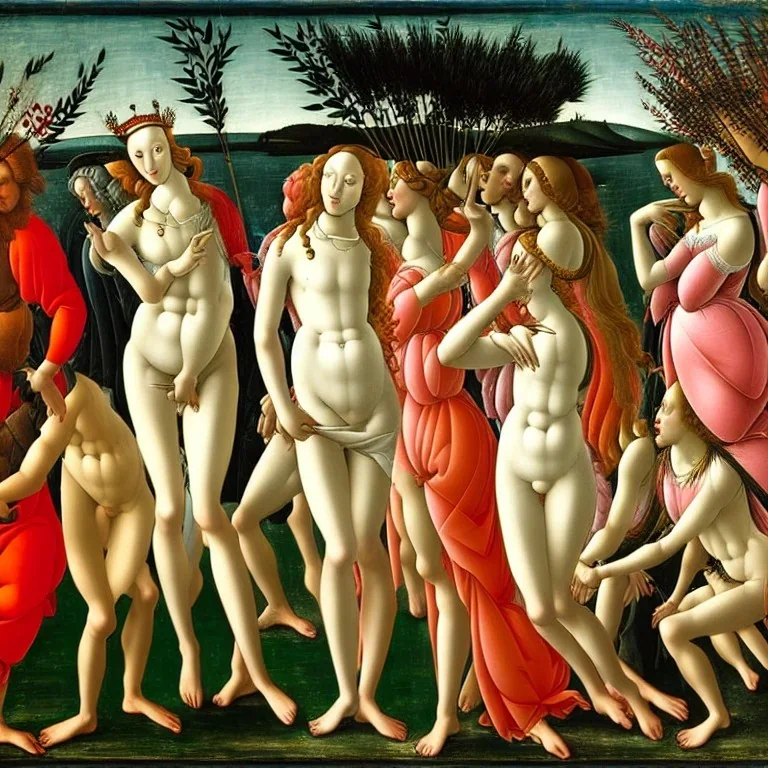 men and women at wild party by botticelli