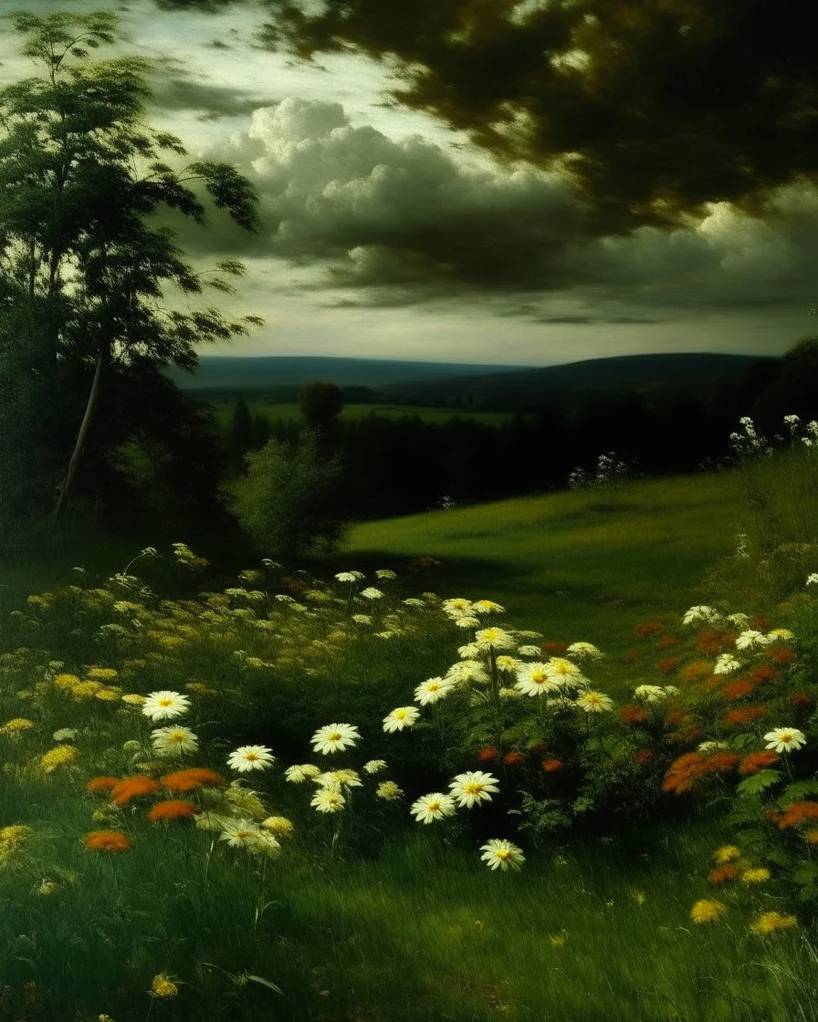 A dark green field with flowers painted by Gustave Courbet