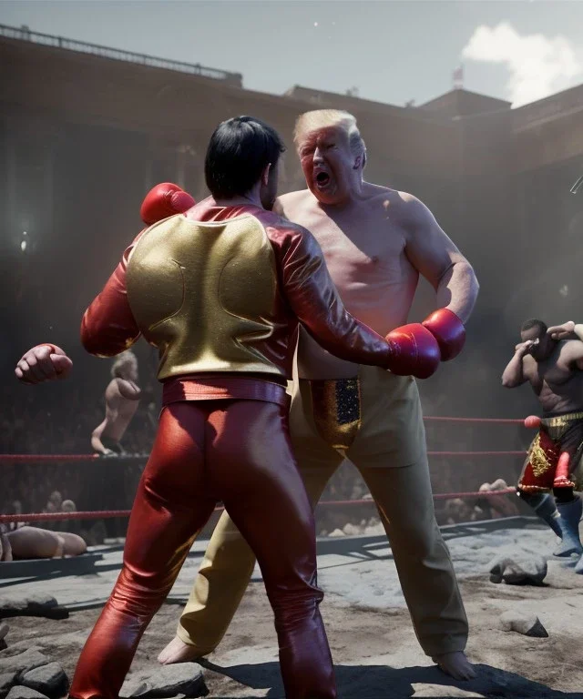 Realistic image, Donald trump wrestling, fighter, naked torso, color breeches, suspenders, retro style, 80s, hot ambient, photo studio, red, gold, explosion, vibrant color, gradient, highly detailed, art stations, explosions, concept art, smooth, unreal engine 5, god rays, ray tracing, RTX, lumen lighting, ultra detail, volumetric lighting, 3d, finely drawn, high definition, high resolution.