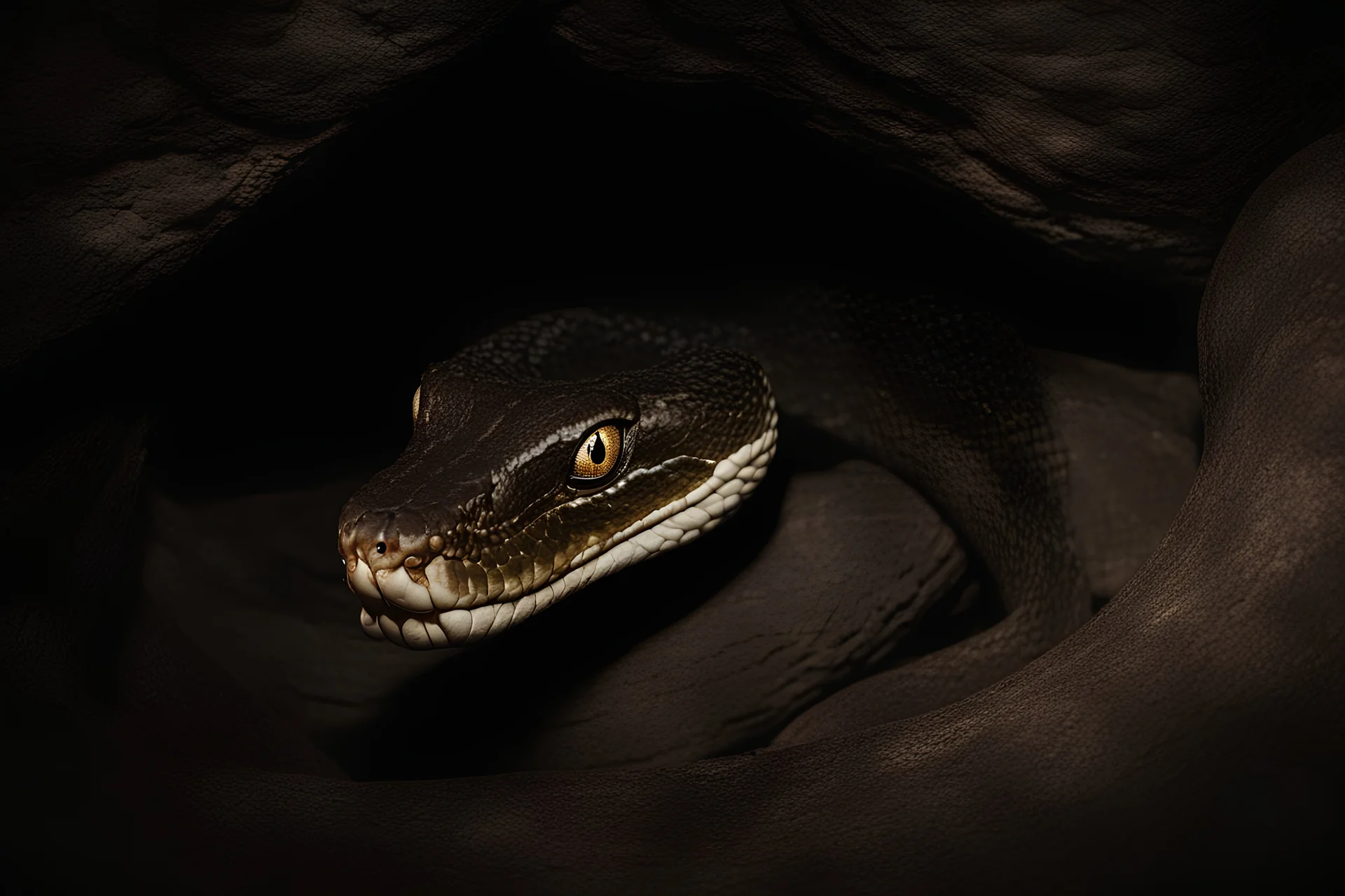 Cobra gigante assustadora em uma caverna, iluminação escura