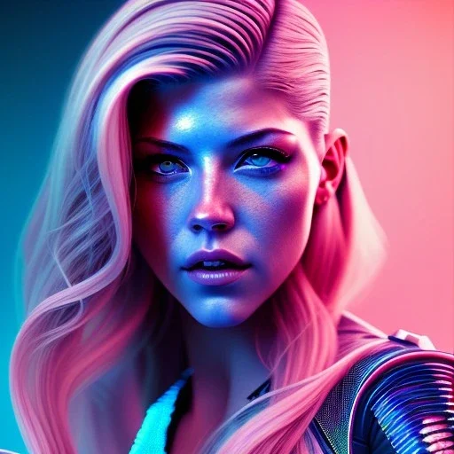 Katheryn Winnick, American shot, cyberpunk style, shaved hair, gradient color, BLUE, PINK, CYAN, neon, insanely detailed, 16k resolution, perfect eyes, cinematic smooth, intricate detail