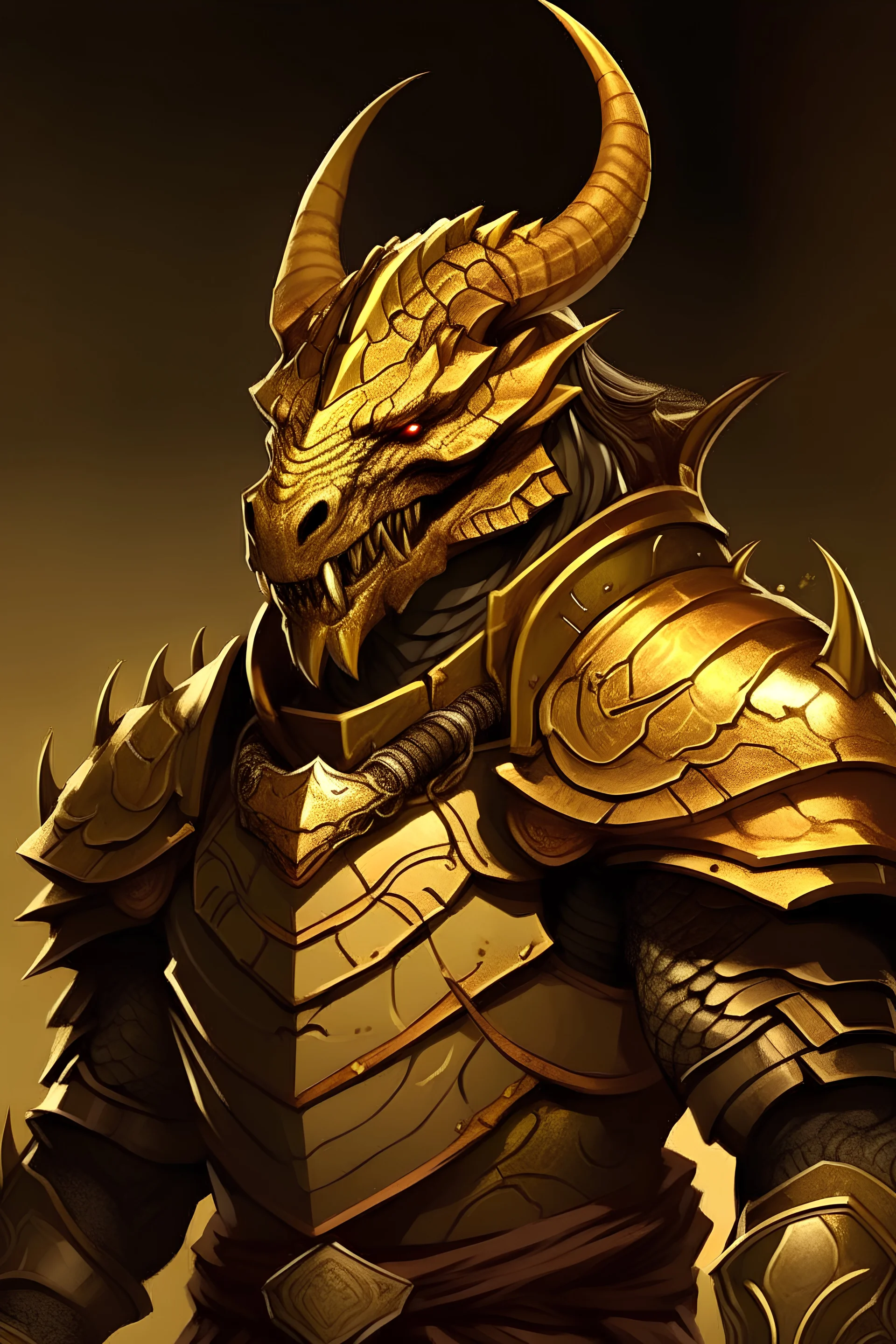 A golden dragonborn warrior with amber eyes and runic tattoos, metal armor