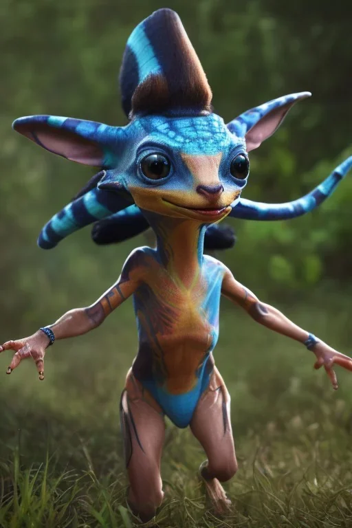 Neytiri toddler, full body, angry, bokeh, hyper realistic