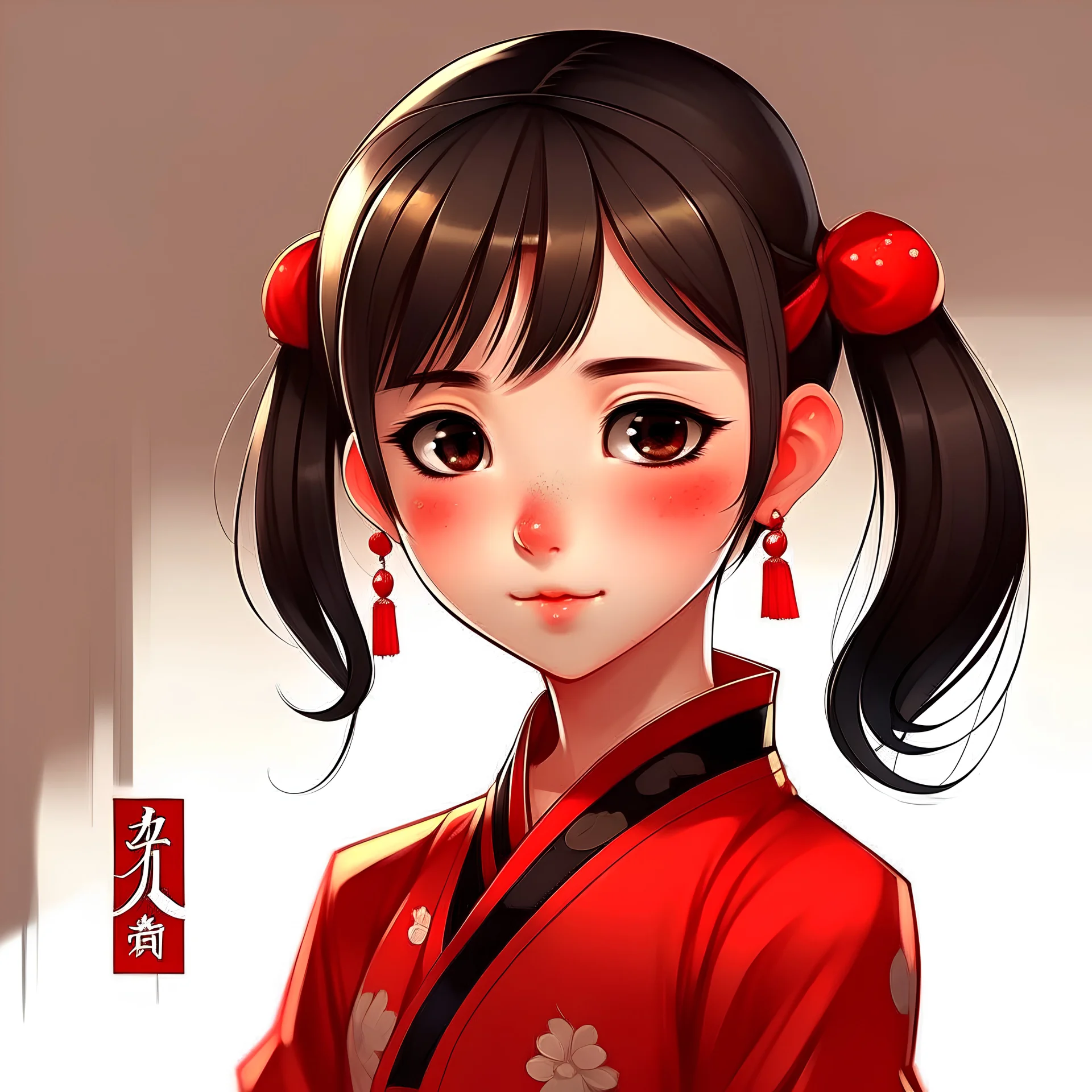 Teenage Chinese girl, black hair in Chinese buns, red cheongsam, brown eyes, pale skin, anime style,