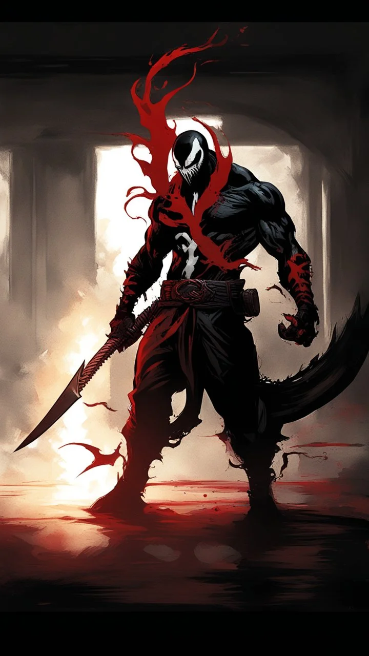 Venom symbiote with kratos Beard and red tattoos and Clothes, holding blade of choice