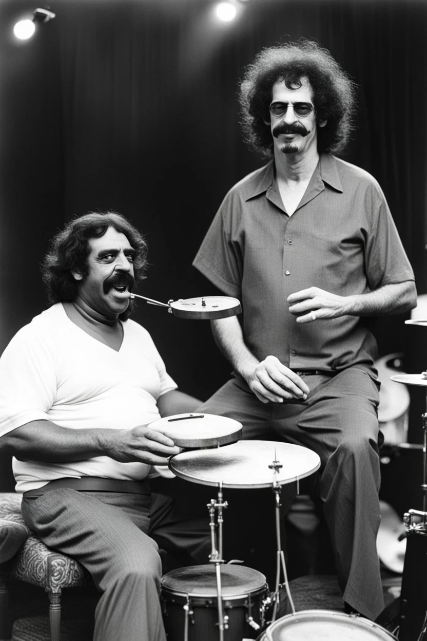 Frank zappa playing bongos next to a very fat black man