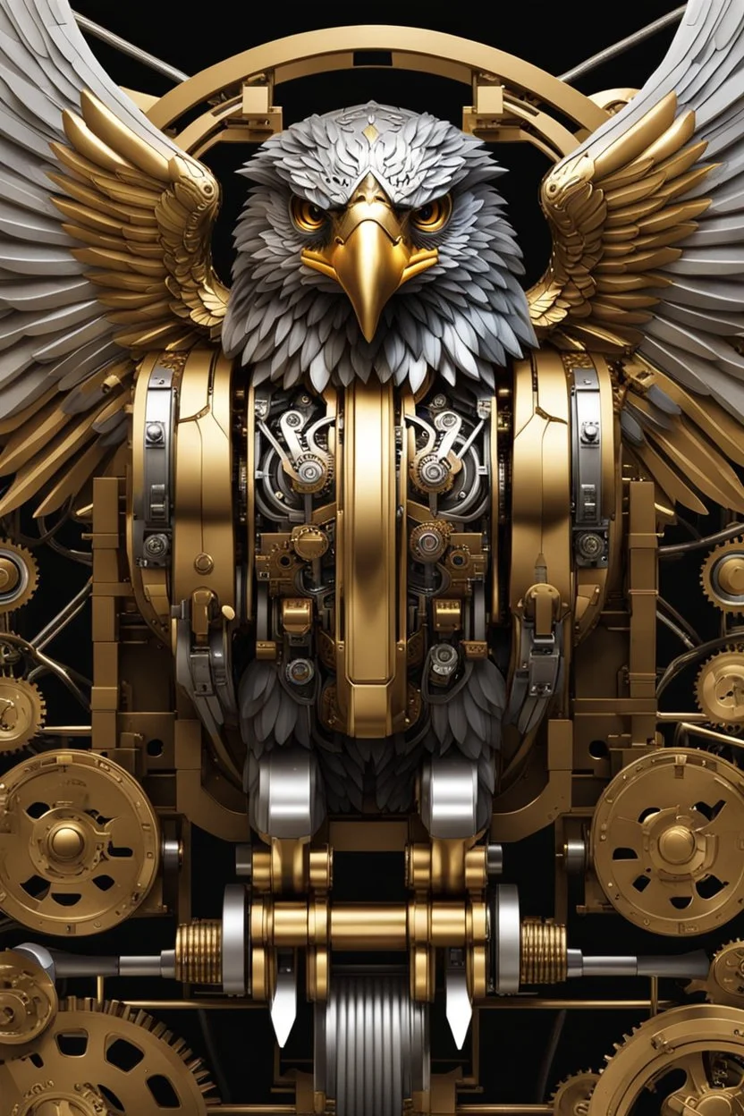 Facing front mechanical cyborg eagle straddle wings detailed, intricate, mechanical, gears cogs cables wires circuits, gold silver chrome copper