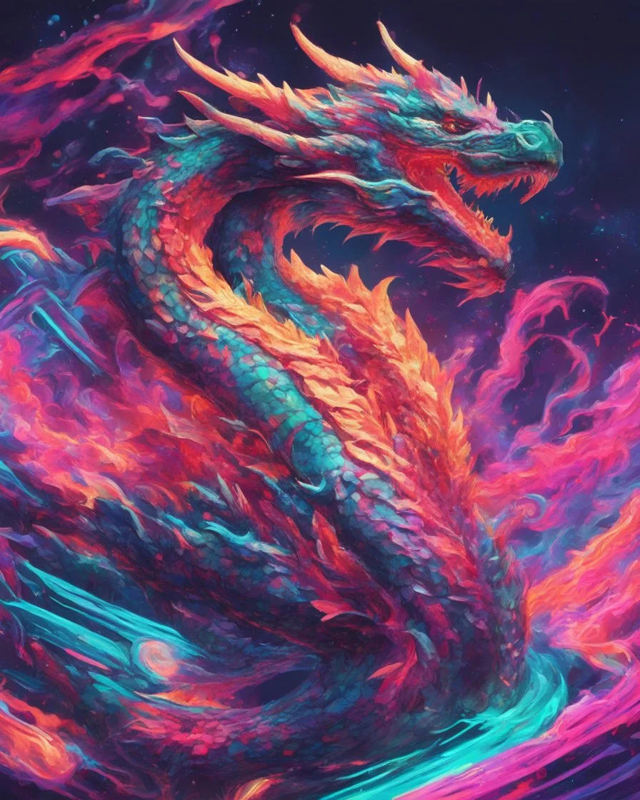 Close up shot, Dragon in a vibrant synthwave dreamscape, neon chaos swirling energetically around pixelated forms, a dynamic fusion of retro gaming nostalgia and futuristic abstraction