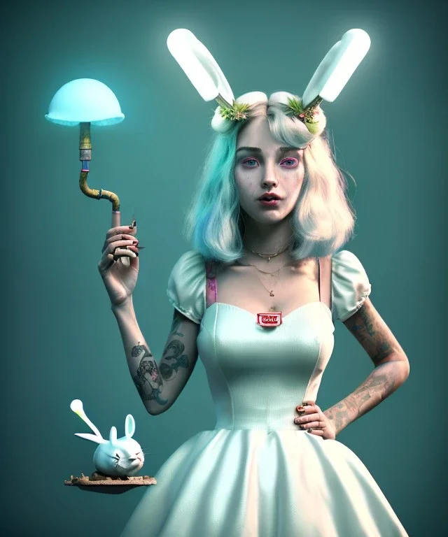 Ultra realistic portrait, wonderland, happy blonde Alice smoking a pipe, blue dress. elegant anthropomorphic white rabbit, circus dress style, old school tattoo, laughter, smoke, marijuana garden, mushroom lamps, glow eyes, perfect iris, soft color, highly detailed, unreal engine 5, ray tracing, RTX, lumen lighting, ultra detail, volumetric lighting, high definition.