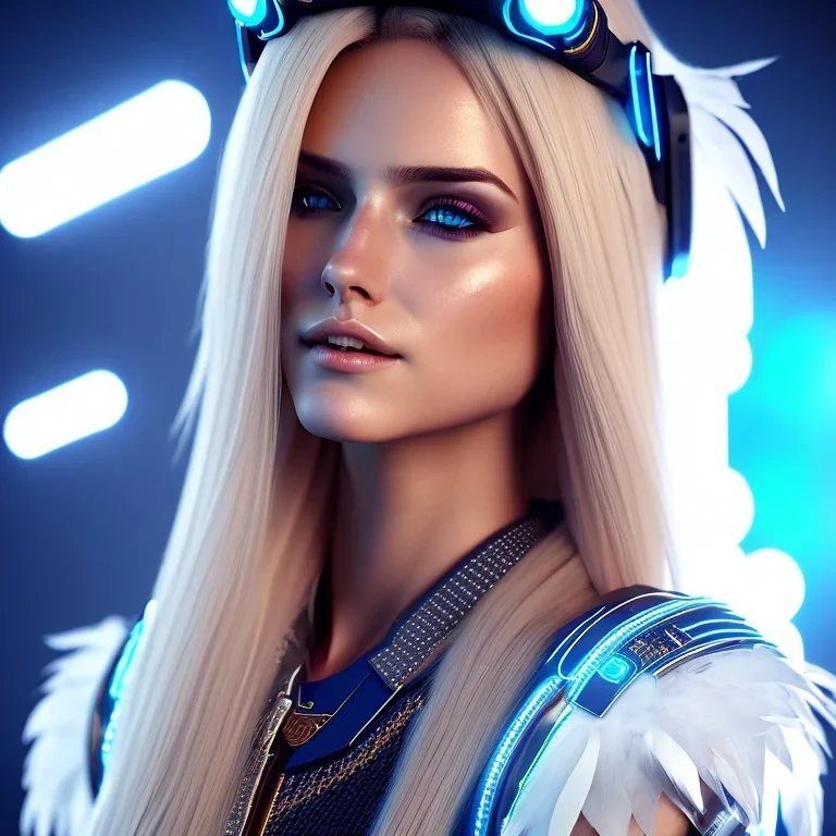 A beautiful portrait of a cute smiling cyberpunk woman, long blond haire, high key lighting, volumetric light high details with white stripes and feathers and blue celtic paterns and glasses