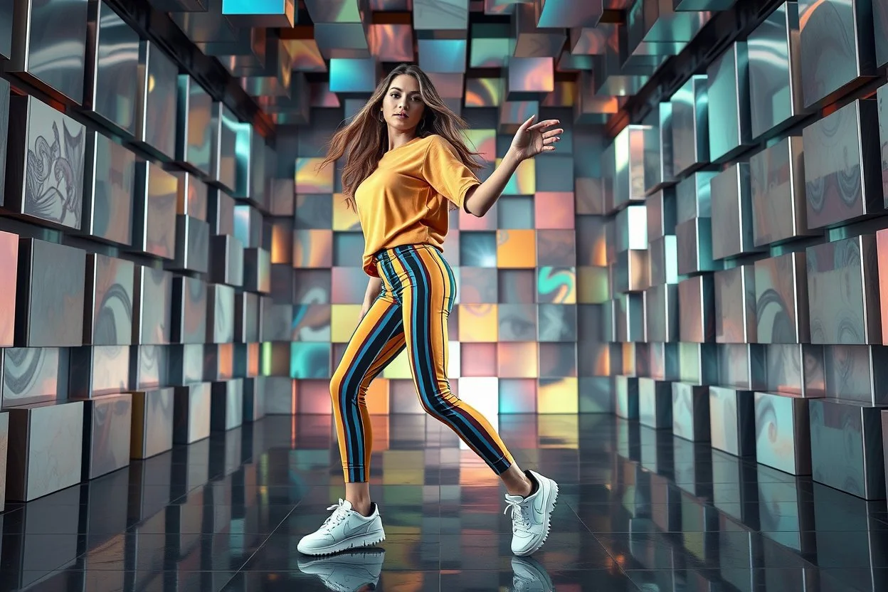 beautiful lady with todays modern clothing and sport shoes, in surreal stage made of fractal random size recursive objects with helical strip colors in clothing similar to environment full body dancing to camera,animating background metallic random color cubes