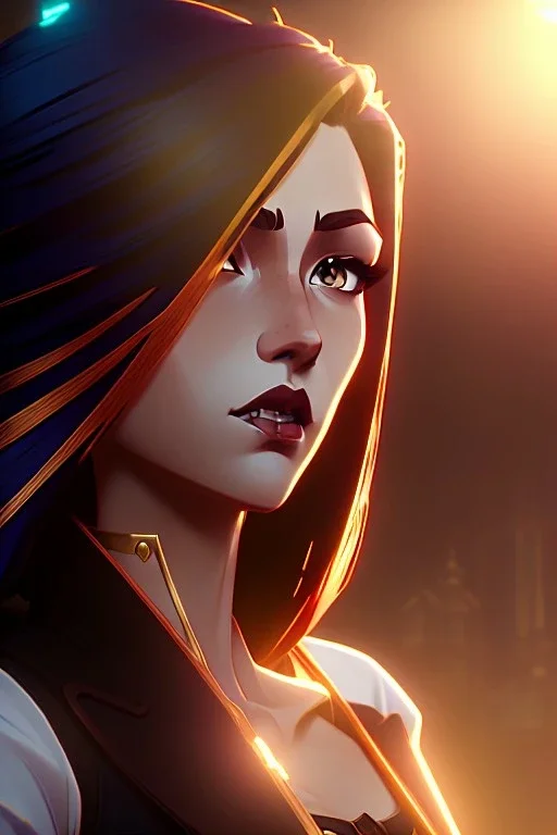 Young business woman, dark orange eyes, dark brown hair, elegant hair, thin lips, gold hoop earrings, waist up portrait, 8k resolution, intricate details, ornate details, soft lighting, vibrant colors, retroanime, masterpiece, realistic, intricate eyeliner, dark eyeshadow, eyes,futuristic cityscape background