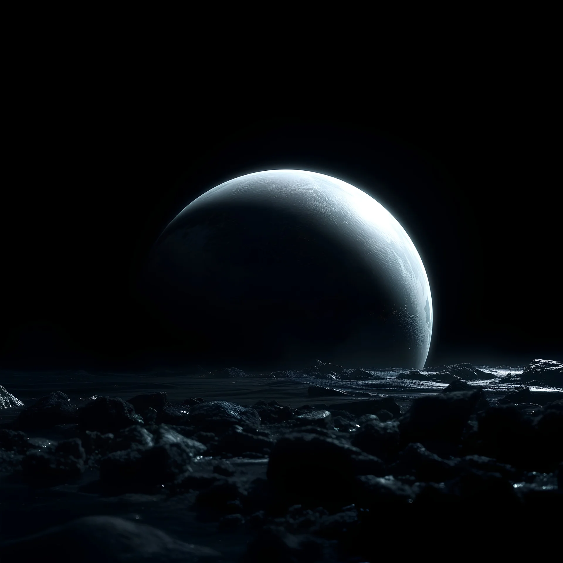 a rocky planet in darkness with ocean covering the surface of the planet