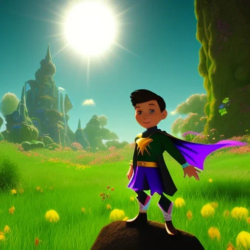 a cartoony boy's silhouette looking at a colorful land. The boy has a green cape on his back. There is a purple portal in the middle. Add a bright yellow sun in the back