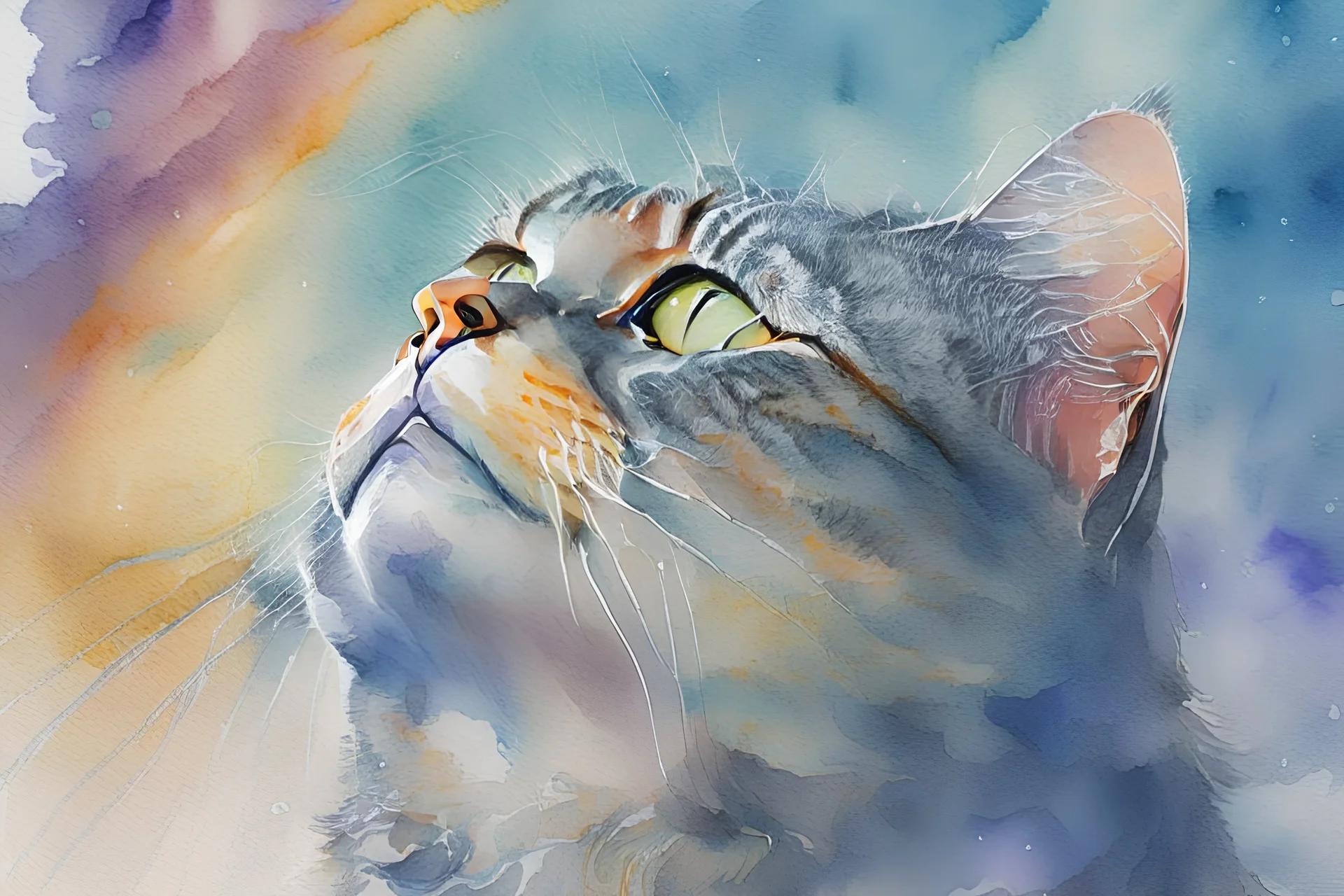 Portrait d'un chat regardant vers le ciel, aquarelle, style art figuratif abstrait. couleurs vives nuances de gris, très réaliste, très précis.