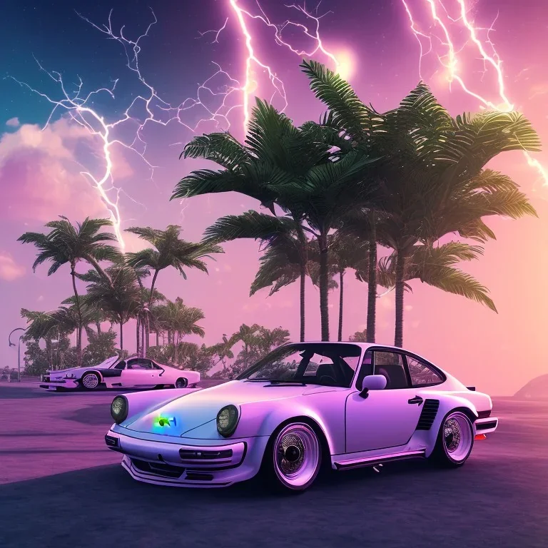 1980's aesthetic vaporwave palm trees and spheres and Porsche with lightning