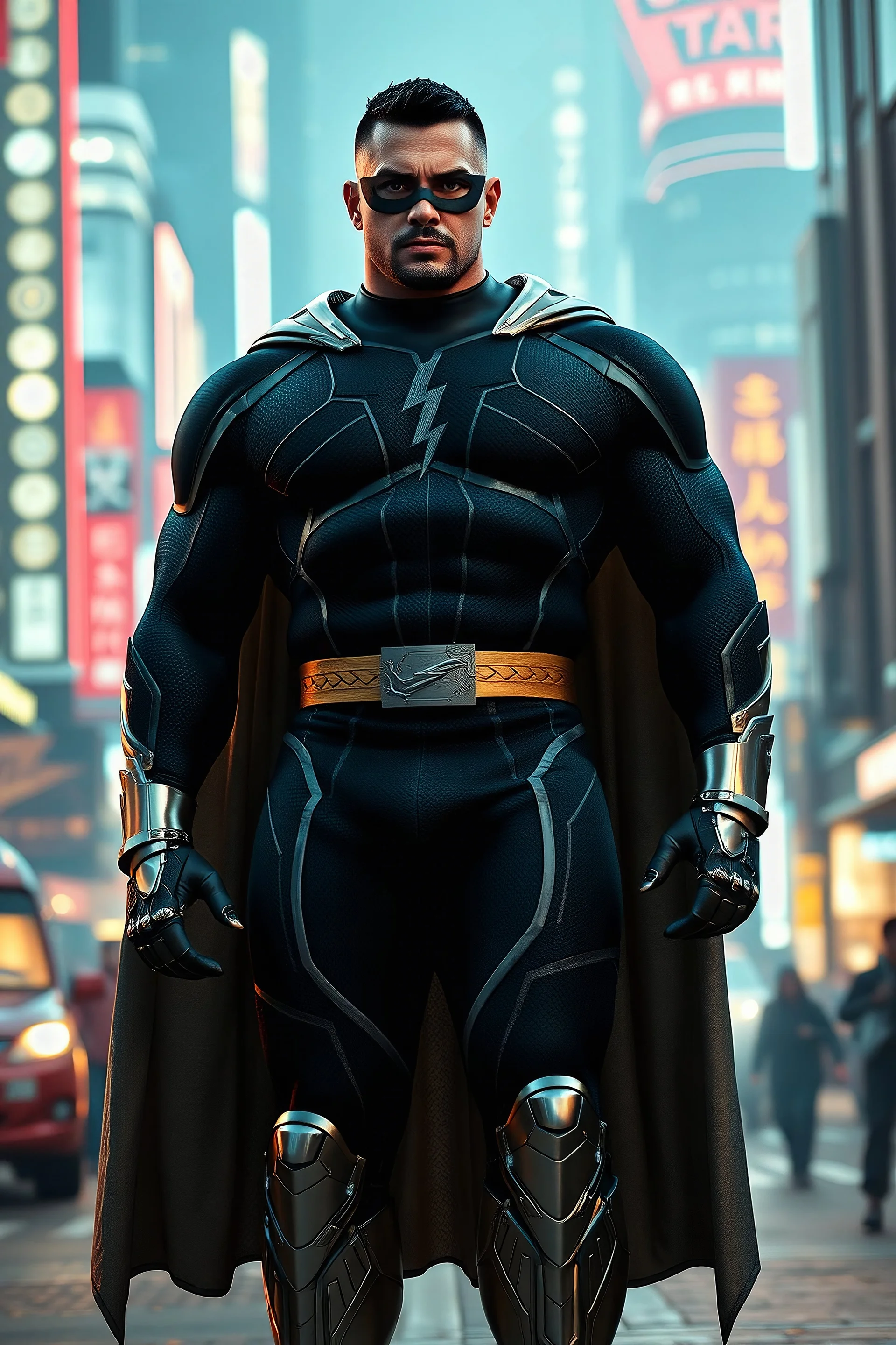 A giant, muscular man with extra-short, crew cut, black hair, blue eyes, short, trimmed goatee, standing stoically on the street in the neon lit, futuristic City of Xanadu prime, wearing a long-sleeved, highly textured, black body suit with gray piping that forms to his muscular frame, he has a silver lightning belt, silver wrist gauntlets, silver, knee-high boots, gray cape, he has the symbol of Xanadu Prime on his chest, and a thin black leather bandit eye mask