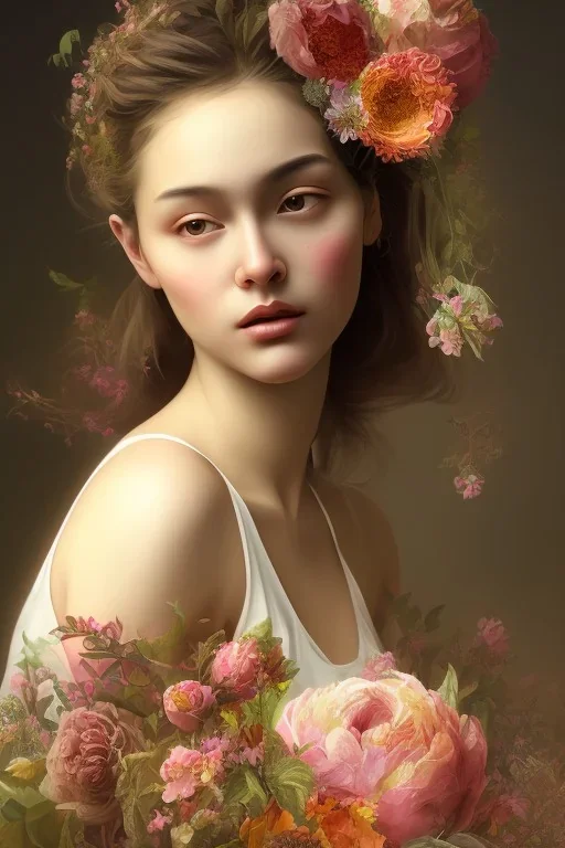 painting of flowers and beautiful girl portrait, scaffolding, decay, mixed media, textured, anatomically correct, beautiful perfect face, sharp focus, highly detailed