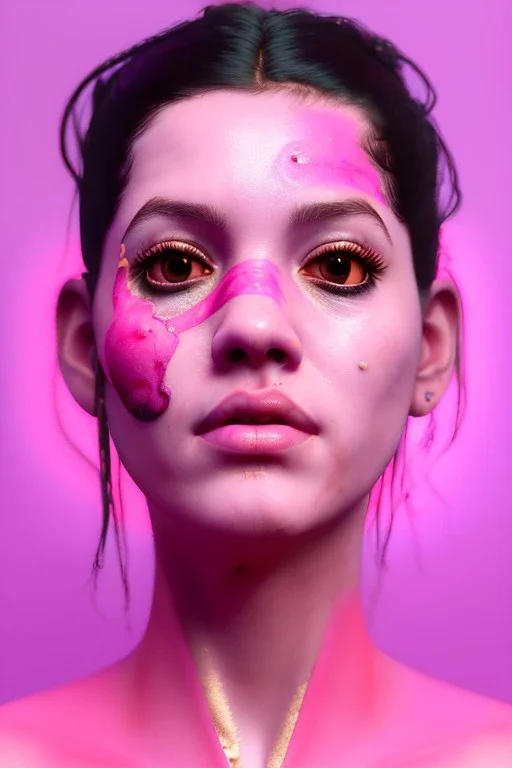 Realistic image, Rosalía artist, portrait, waist up portrait, pink black eye line, sweet, gold and pink geisha style, glow make up, led lights, neon, piercing nose, fog, rain, latex, vibrant color, highly detailed, art stations, concept art, smooth, unreal engine 5, god rays, ray tracing, RTX, lumen lighting, ultra detail, volumetric lighting, 3d, finely drawn, high definition, high resolution.