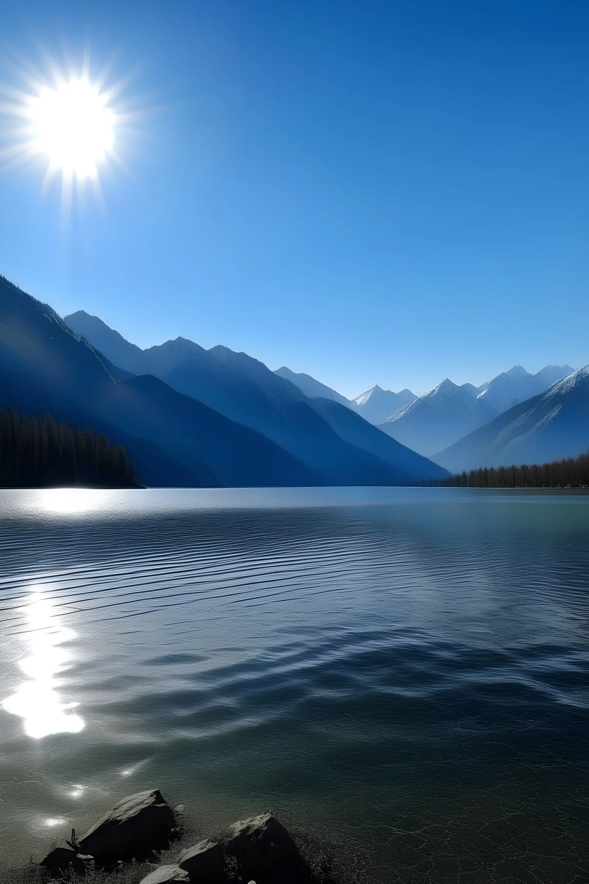 A large transparent lake. in the back there is a high and long mountain range. The mountain peaks are slightly snow-covered. The sun shines.