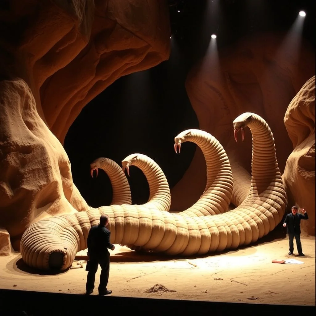Off-Broadway production of Dune including giant sandworms.